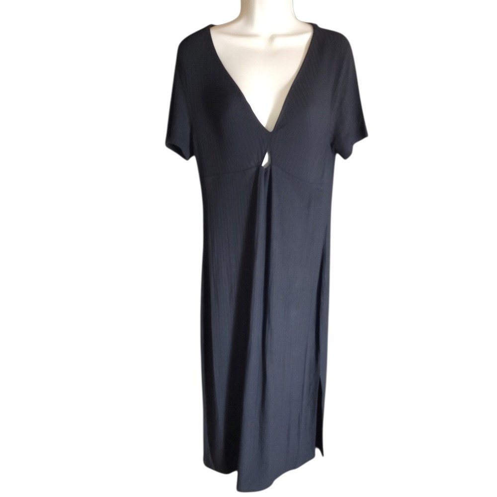 A New Day Women L Black Midi Dress Short Sleeve Keyhole Knit Bodycon NWT
